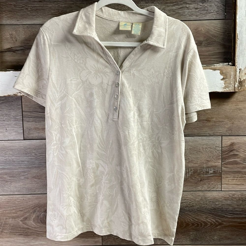 NWT CARIBBEAN JOE Ladies Polo Short Sleeve Shirt Size XL Sand Floral